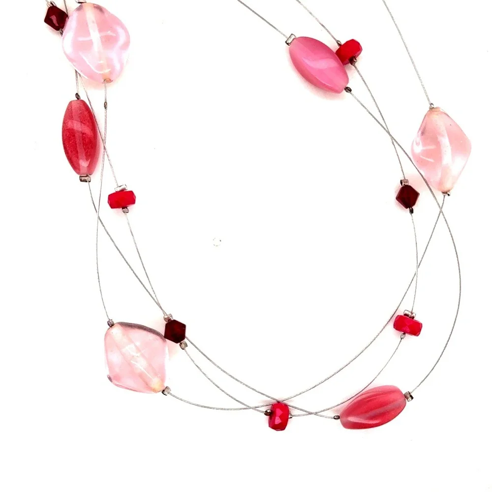 Lia Sophia Pink Burgundy Triple Strand Illusion Necklace Silver Tone 16-19 Inch